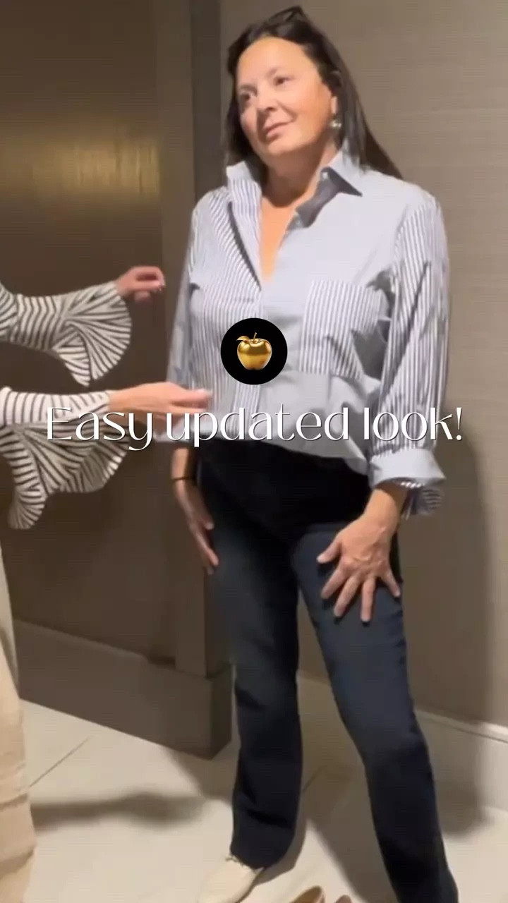 Had an amazing time with Chriss, playing around with her look! A little popped collar for a chic touch and showing off her waist with a subtle tuck.  And can we talk about those gold Gucci shoes? Obsessed! 

She's rocking the ATM Anthony Thomas Melillo Mixed Stripe Shirting Boyfriend Shirt – so effortlessly stylish.

#LTKOver40 #LTKStyleTip #LTKVideo