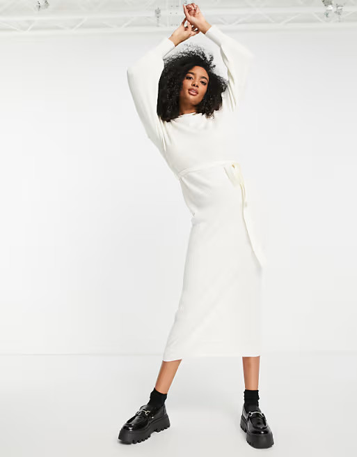 Pretty Lavish tie waist knitted midaxi dress in cream | ASOS (Global)