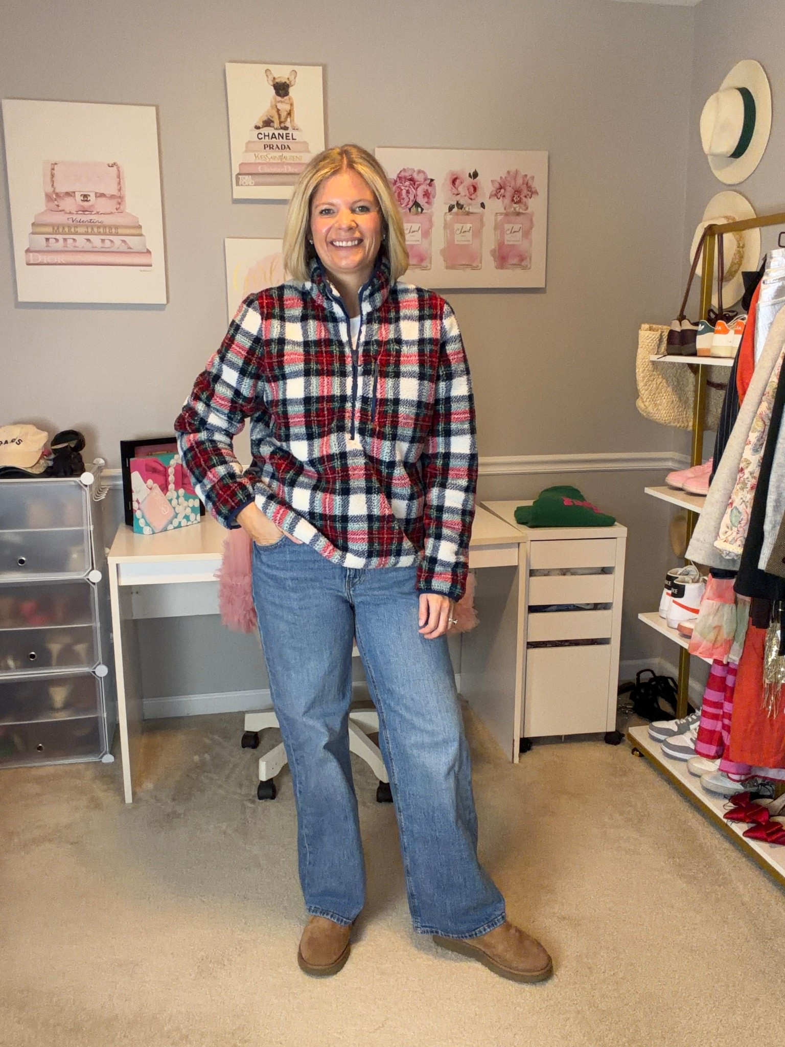 Blue and red plaid fleece pullover TTS
Wide leg high rise jeans TTS

#LTKMidsize #LTKgrwm