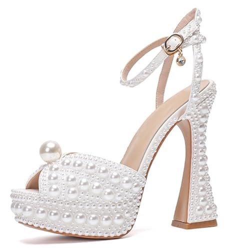 Minishion Womens Platform Wedding Shoes Slingback High Heel Party Evening Sandals with Pearl | Amazon (US)
