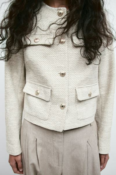 Textured-weave Jacket - Round Neck - Long sleeve - Light beige melange - Ladies | H&M US | H&M (US + CA)