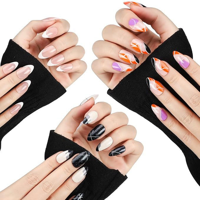 3 Packs Classic Press On Nails Almond, FANDAMEI 72 PCS Medium Length Full Cover Fake Nails, False... | Amazon (US)