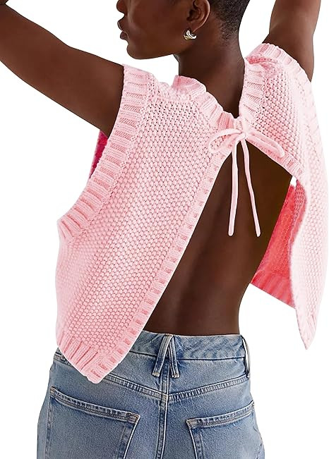 Cioatin Women Y2K Backless Tie Up Knit Crop Sweater Vest Sleeveless Round Neck Split Open Back Pu... | Amazon (US)