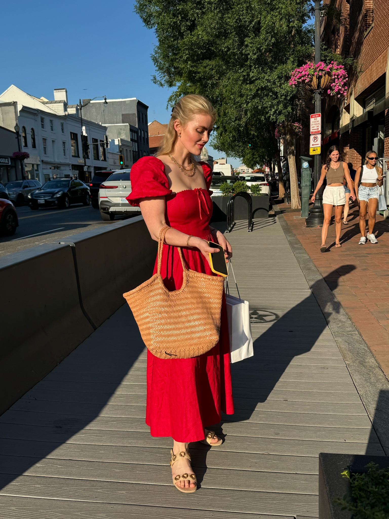 red linen dress, dragon diffusion bag (linking several options!), larroude raffia flats! ❤️🍎