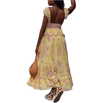 Women Spring Dresses Flowy Smocked Maxi Dress Puff Sleeve Sweetheart Y2K Floral Boho Summer Sundr... | Amazon (US)