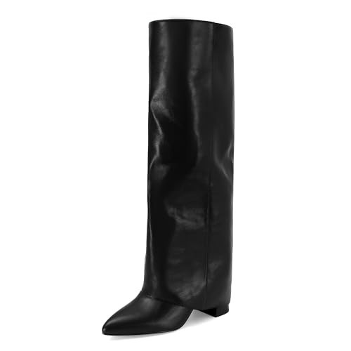 Dsevht Black Leather Knee High Boots for Women Fold Over Chunky High Heel Pull on Pointed Toe Tall Long Dress Going Out Boot for Women | Amazon (US)