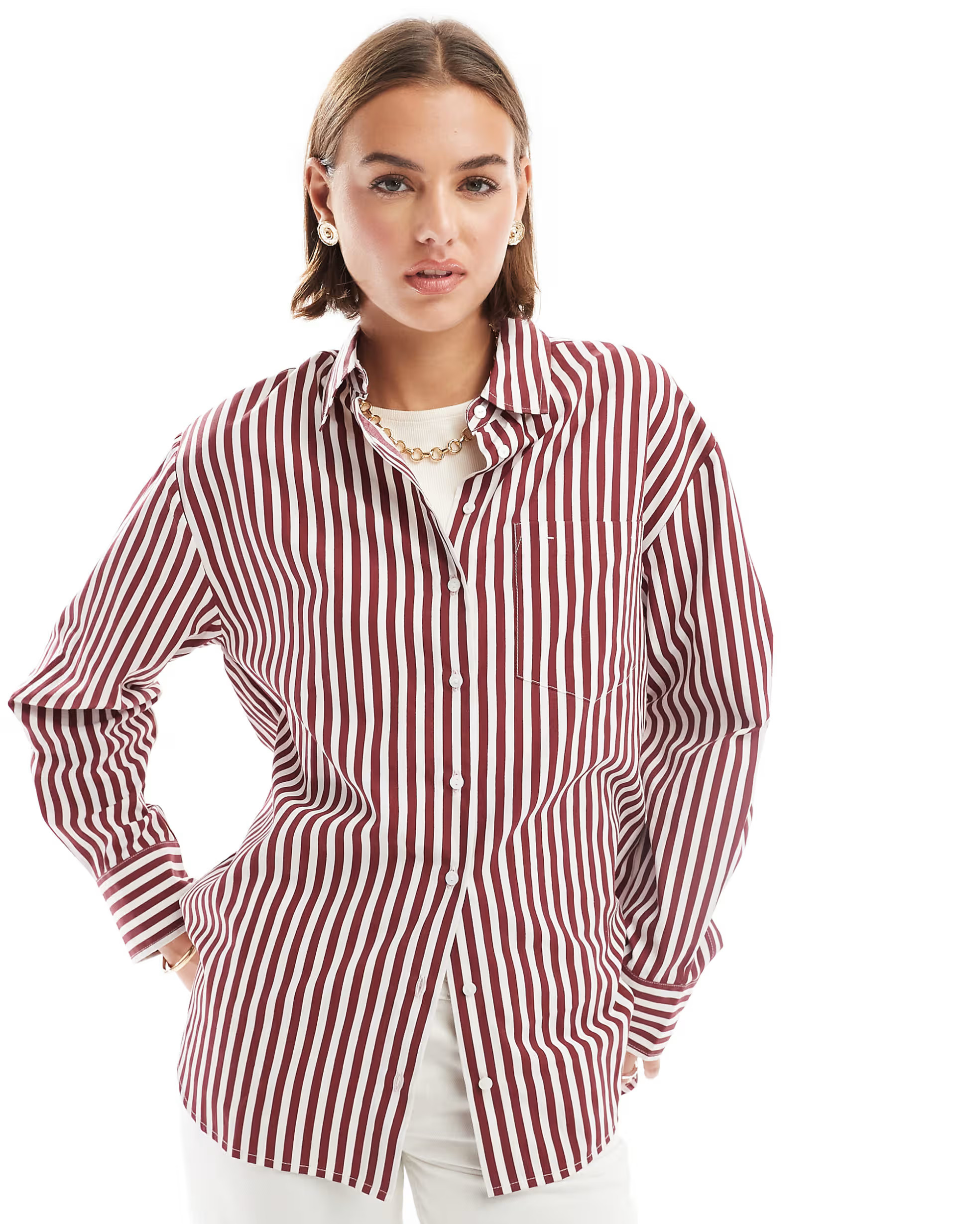 Stradivarius oversized shirt in dark red stripe | ASOS (Global)