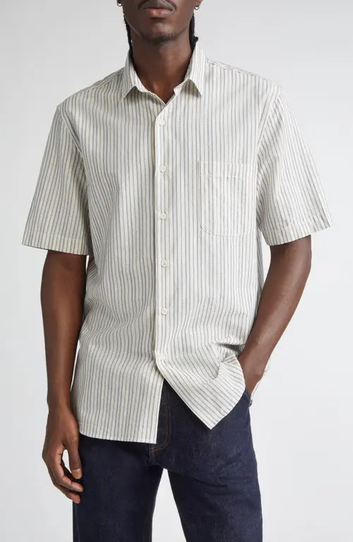 Sunspel Stripe Short Sleeve Button-Up Shirt in Soft Denim Multi Stripe at Nordstrom, Size Small | Nordstrom