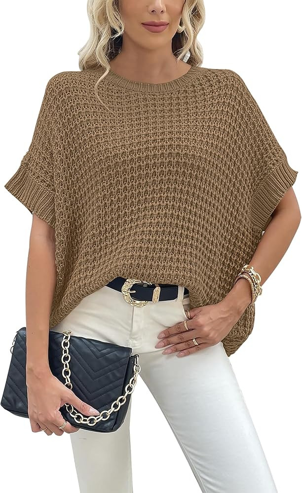 Jumppmile Women's Short Sleeve Waffle Knit Batwing Sleeve Sweater Pullover Sleeveless Oversized S... | Amazon (US)