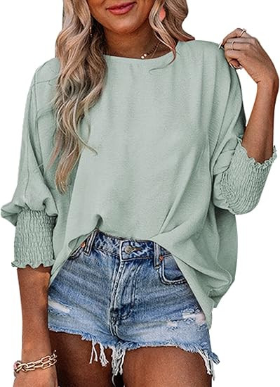 Dokotoo Casual Babydoll Tops Loose Scoop Neck Tops Blouses for Women 3/4 Smocked Puff Sleeve Shir... | Amazon (US)