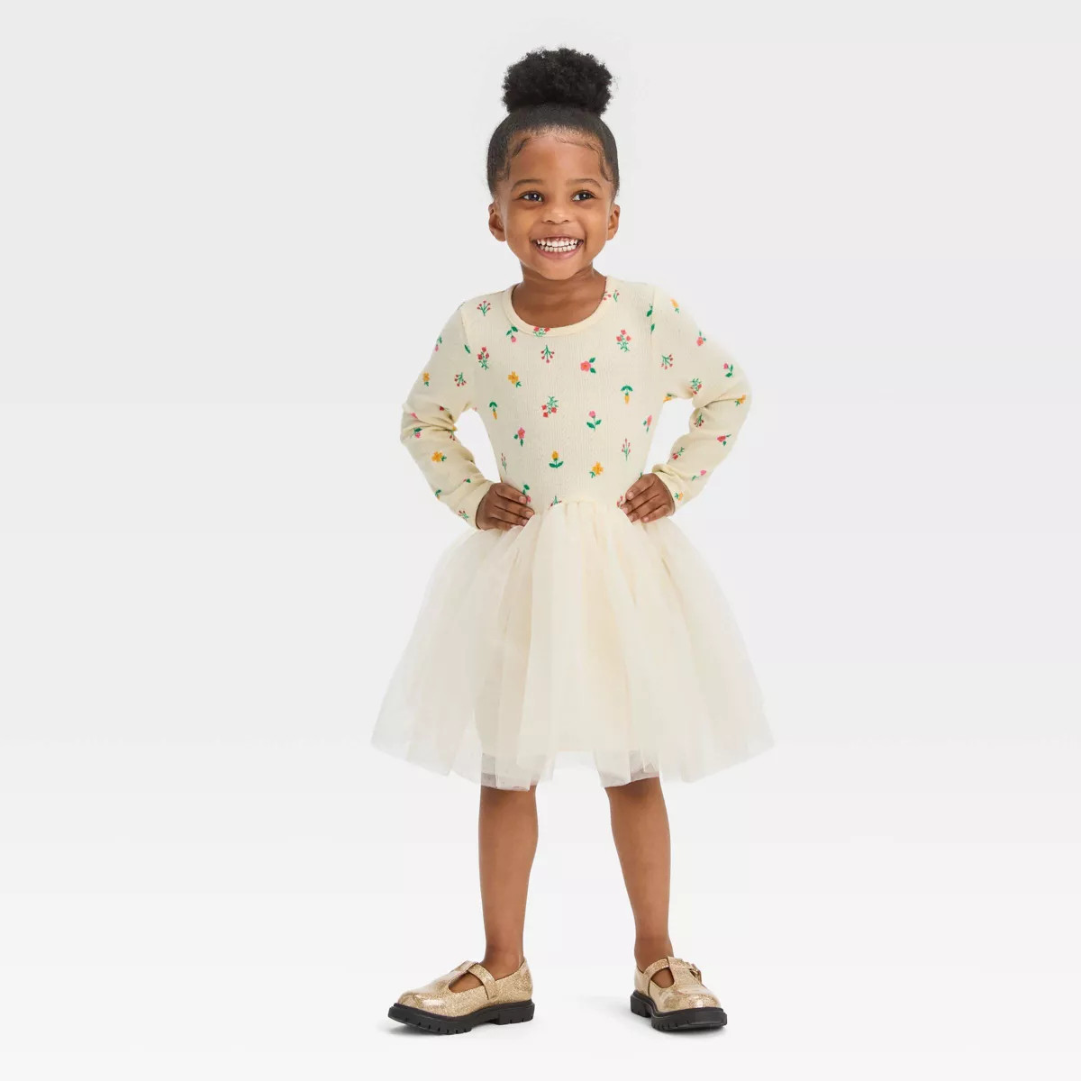 Toddler Girls' Floral Long Sleeve Knit Tulle Dress - Cat & Jack™ Off-White | Target
