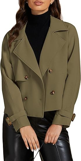 luvamia Cropped Trench Coat for Women Long Sleeve Double Breasted Notched Lapel Casual Loose Fit ... | Amazon (US)