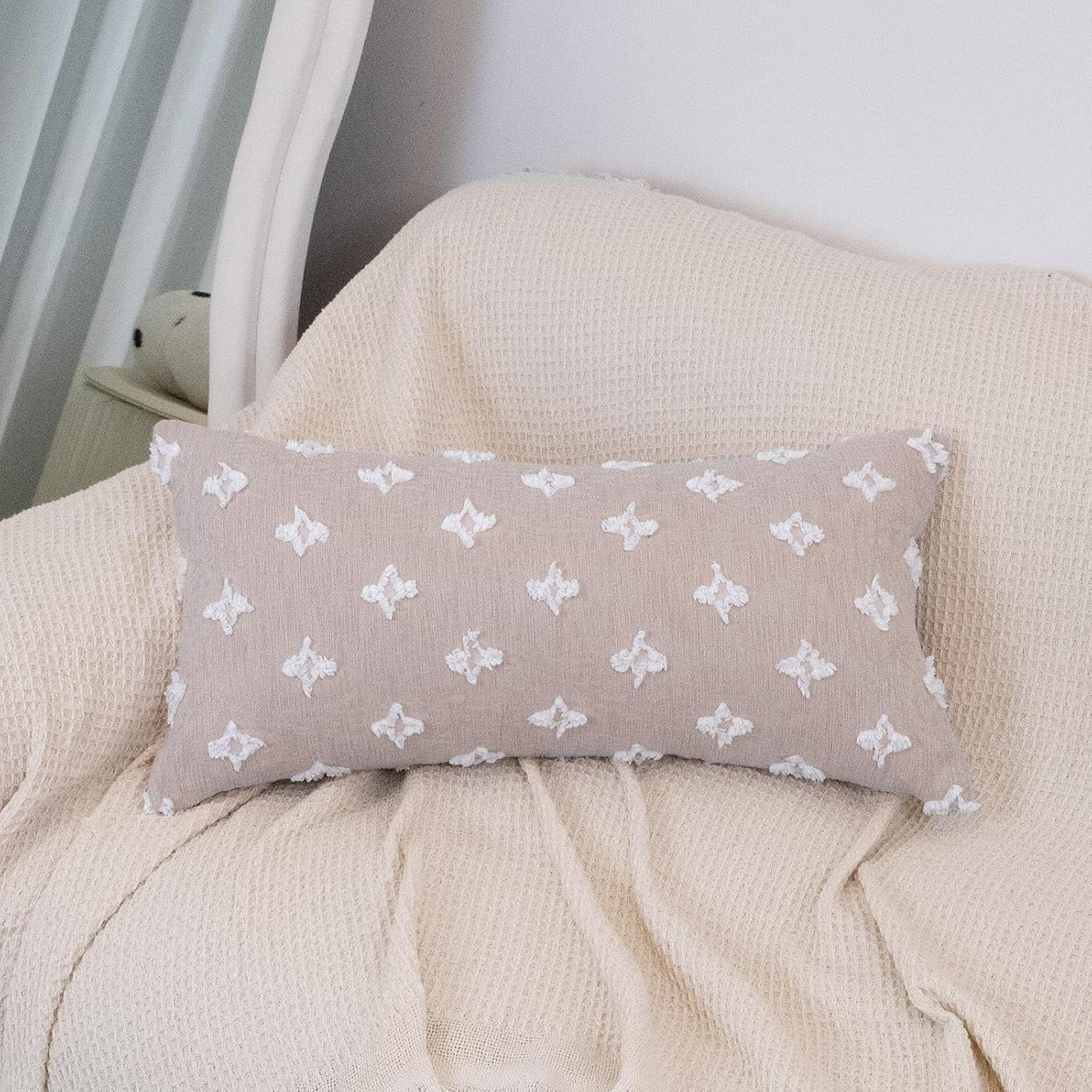 Decorative Lumbar Pillow Cover 12x24 inch, Floral Beige Cotton Rhombic Jacquard Pillowcase Soft C... | Amazon (US)