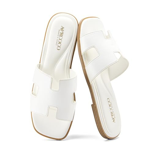 AprCoco Women's Flat Sandals Dressy Classic H-Band Flats Sandals Summer Beach Vacations Slide Sandals,Size 7.5，White | Amazon (US)