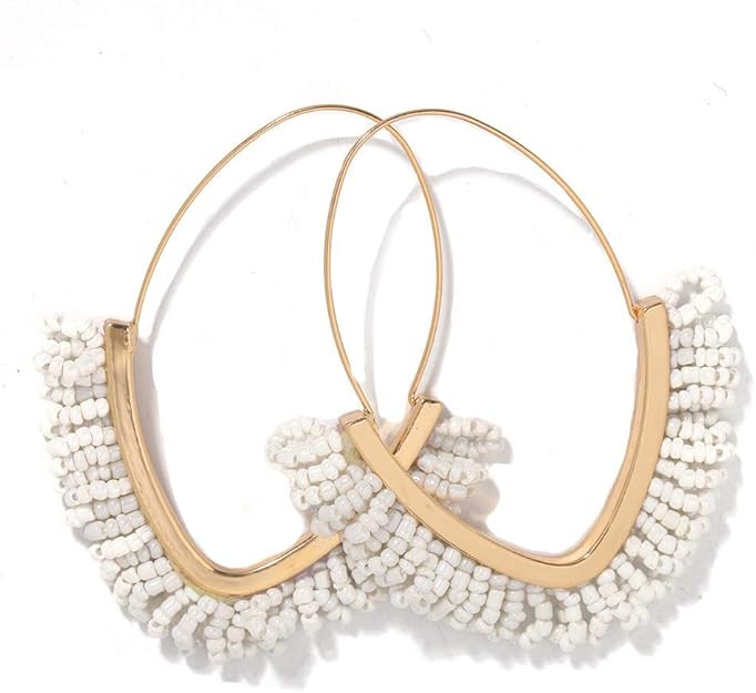 V-Shaped Beaded Dangle Earrings - Statement Drop Fringe Earrings, Boho Handmade Tassel Jewelry Gi... | Amazon (US)