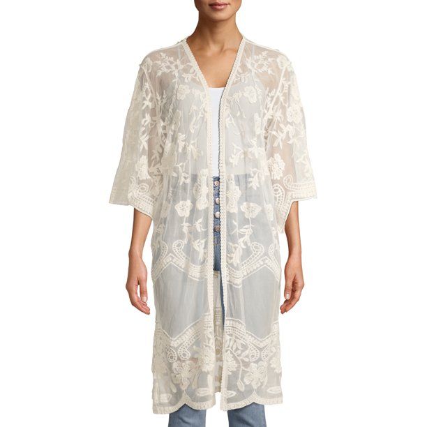 Time And Tru Women’s Scalloped Embroidered Lace Kimono | Walmart (US)