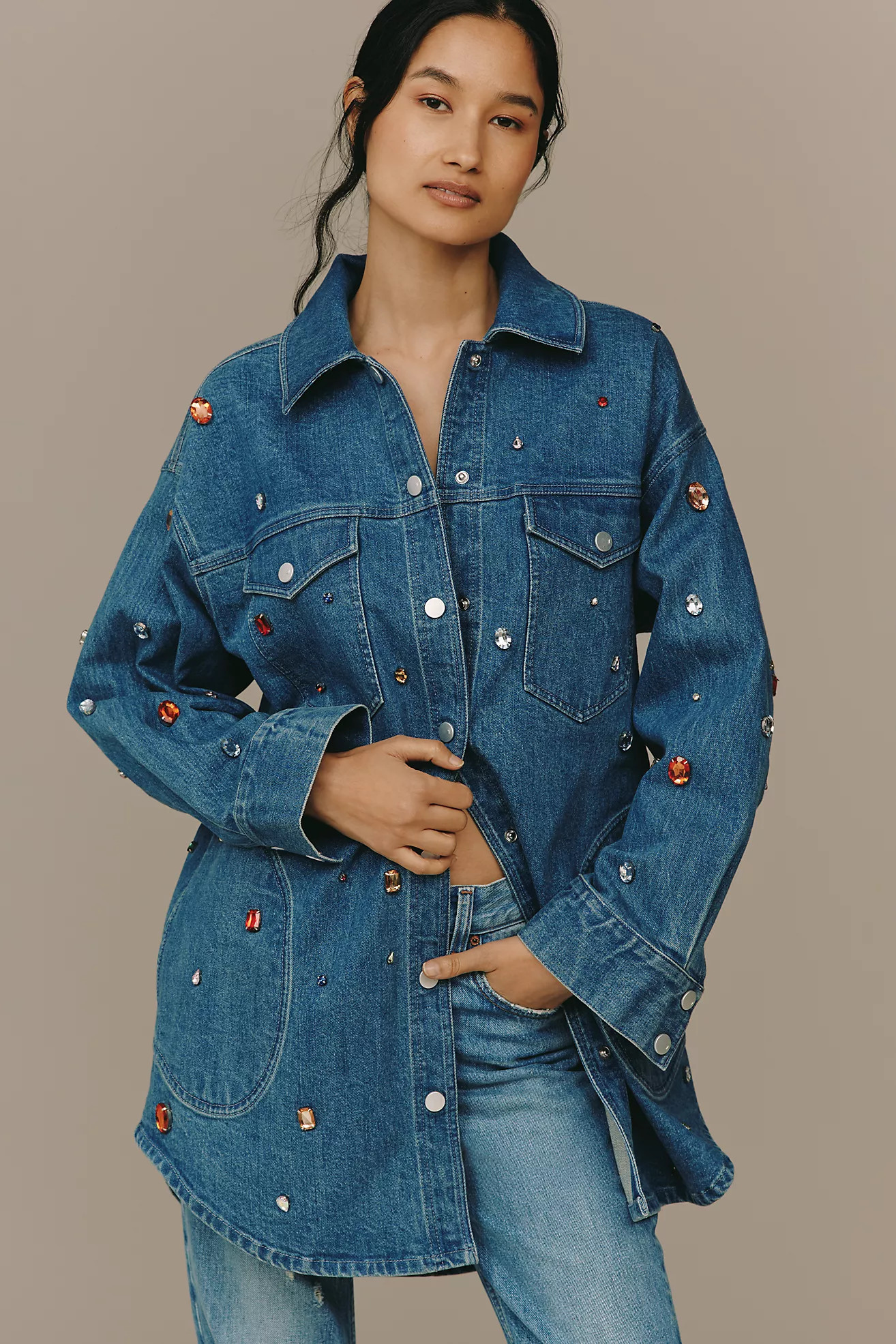 The Tillie Jeweled Denim Shacket by Pilcro | Anthropologie (US)