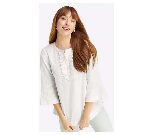 Draper James Ruffle Placket Tunic in White Shirting Stripe - QVC.com | QVC