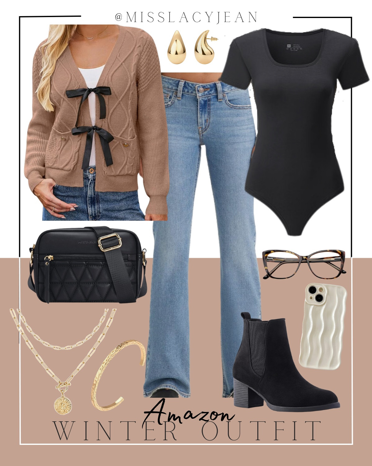 Amazon outfit includes bow cardigan, bodysuit, jeans, boots, phone case, blue light glasses, gold jewelry, handbag.

Casual outfit, winter outfit, looks for less, Amazon finds, everyday outfit 

#LTKShoeCrush #LTKStyleTip #LTKFindsUnder50