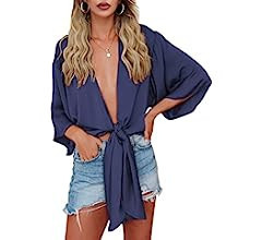 Dellytop Women's Deep V Neck Half Sleeve Tie Front Satin Crop Top Blouse Shirts | Amazon (US)