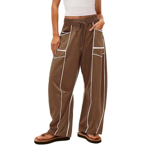Barrel Sweatpants Women High Waisted Wide Leg Pants Drawstring Athletic Baggy Lounge Palazzo Trousers with Pockets Browns M | Amazon (US)