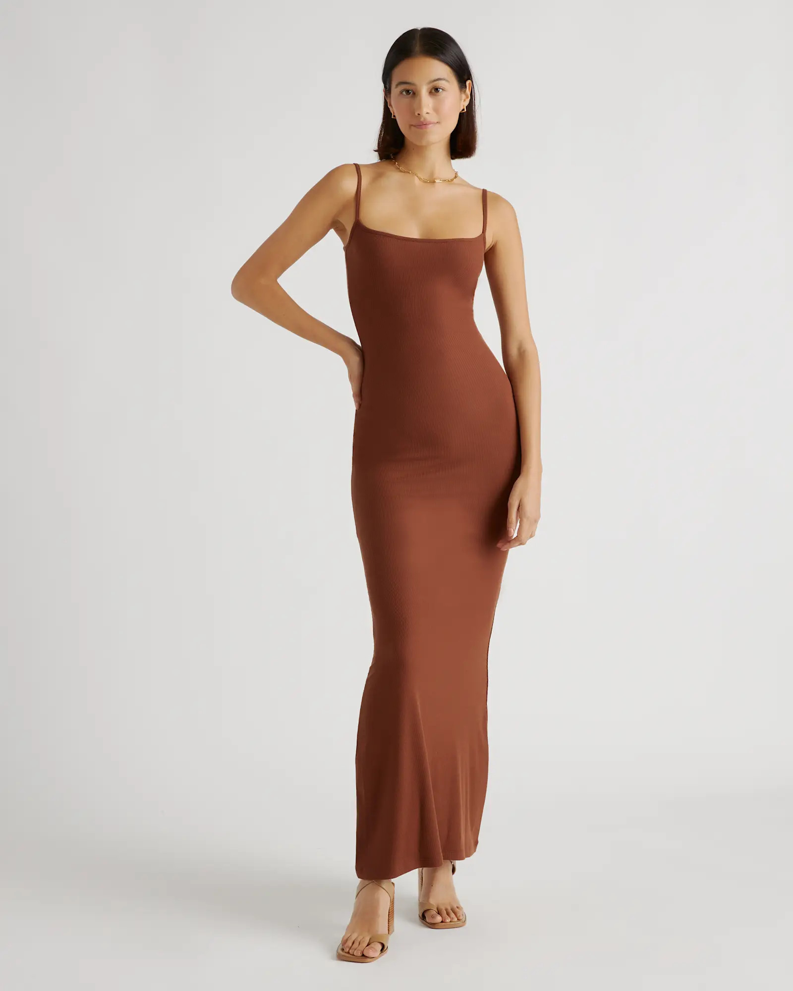 Tencel Rib Knit Maxi Slip Dress in Brown | Quince