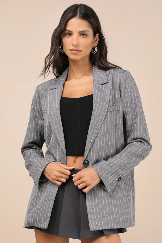 Convincing Charisma Grey Pinstriped Blazer | Lulus