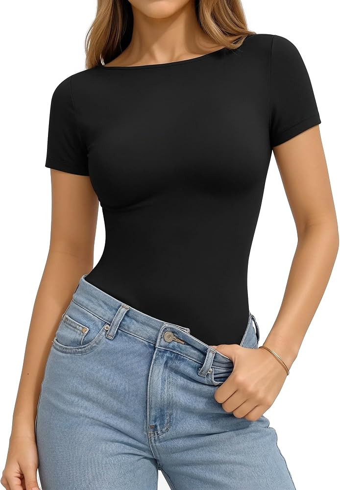 MANGOPOP Short Sleeve Boat Neck Tops for Women Fitted Tight Shirts Summer Y2k Basic Tops 2026 Spr... | Amazon (US)