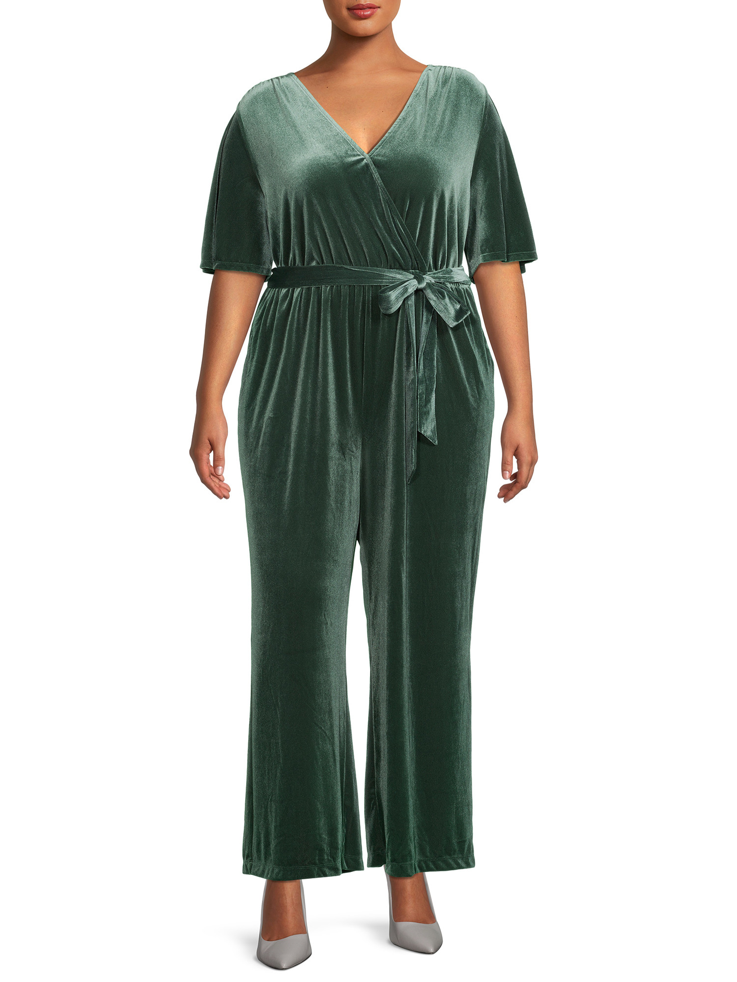 The Get Women's Plus Size Faux Wrap Front Velvet Jumpsuit | Walmart (US)