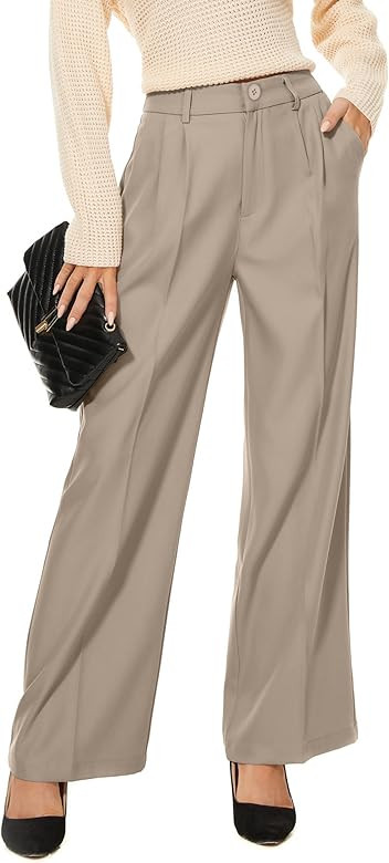 Women Wide Leg High Waist Wide Leg Pants Loose Fit Back Elastic Waist Pleated Front Trousers for ... | Amazon (US)