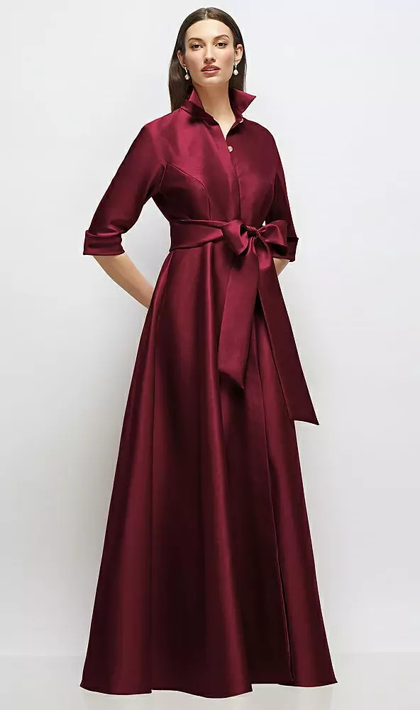 3/4 Sleeve Satin Shirt Dress Gown with Sash and Jeweled Buttons in Cabernet | The Dessy Group