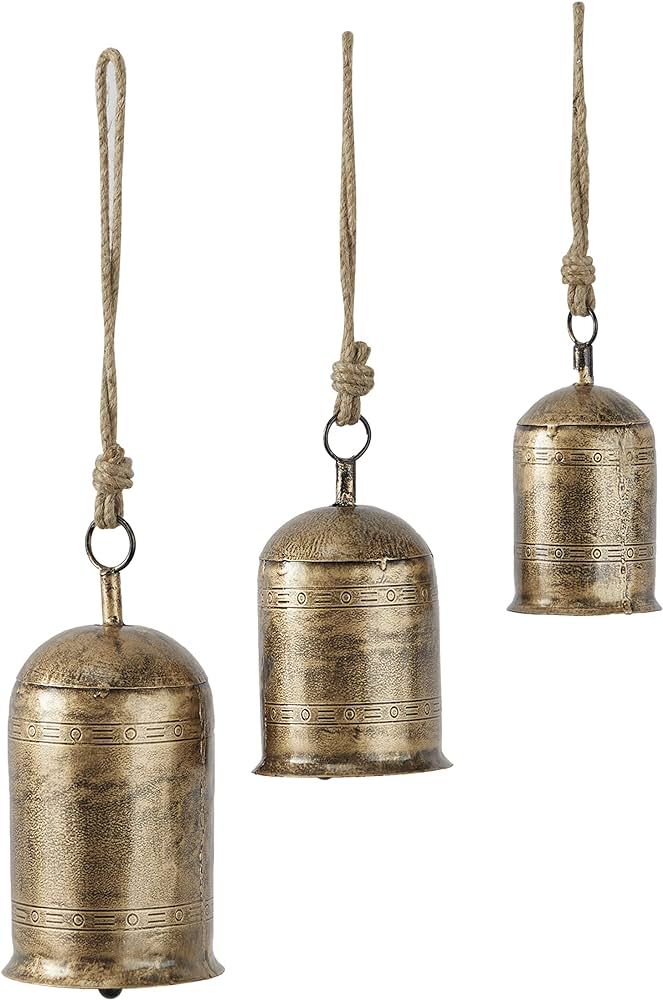Deco 79 Metal Tibetan Inspired Decorative Cow Bell with Jute Hanging Rope, Set of 3 10",8",6"H, Ligh | Amazon (US)