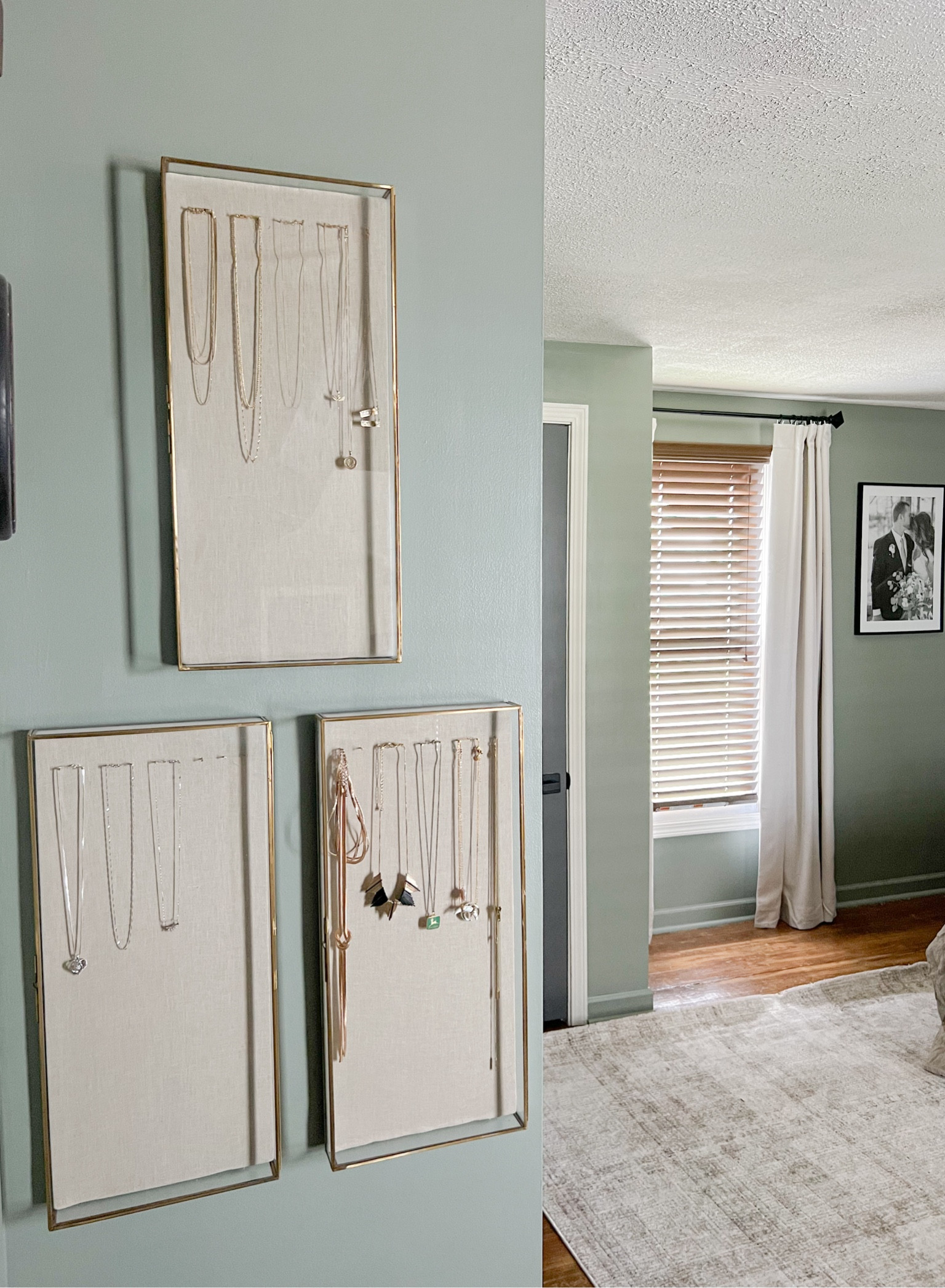 Master Bedroom | Green Bedroom | Moody Bedroom | Neutral Rug | Linen Curtains | Jewelry Holder | Jewelry Case | Wall Hanging Shadow Box | Ivory | Beige | Green | Brown 

#LTKhome