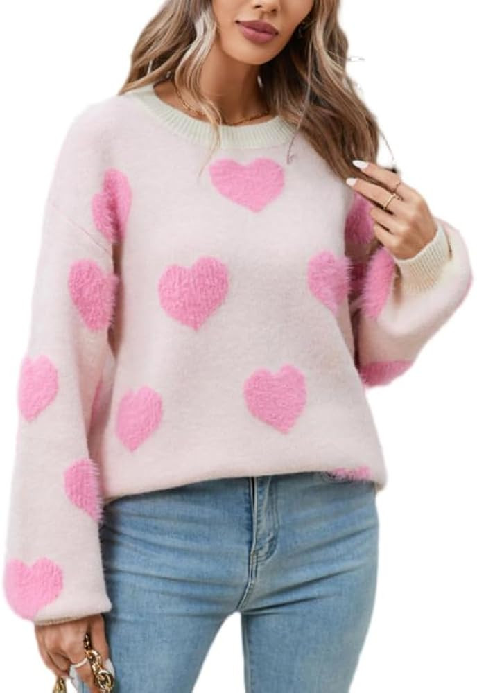 Cute Pink Heart Sweater for Women Valentine's Day Knitted Love Sweaters Outfits Crewneck Long Sle... | Amazon (US)