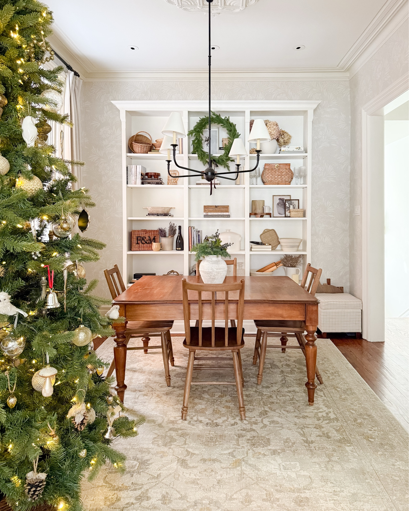 Dining room with bookcases styled, piaf chandelier 

Dining table is quite old (possibly antique?) and found on FMBP. I’m sorry!!

#LTKHome