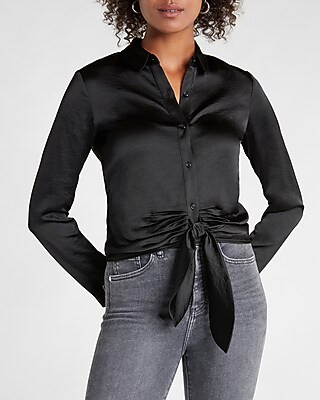 Satin Tie Front Relaxed Portofino Shirt | Express