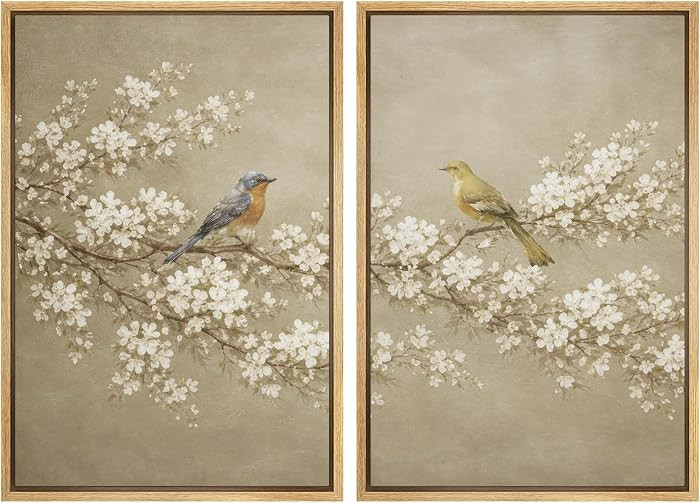 SIGNWIN Framed Canvas Print Wall Art Set Spring Birds on Blossoming Branches in Neutral Tones Ill... | Amazon (US)