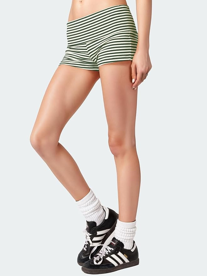YKR Womens Fold Over Micro Shorts Elastic Low Rise Striped Lounge Sleepwear Cute Mini Y2k Knit Pa... | Amazon (US)