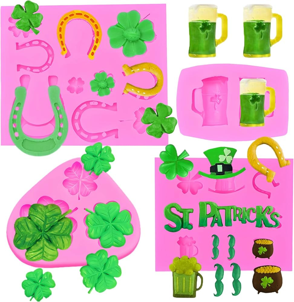 4Pcs St Patrick's Day Fondant Molds Shamrocks Silicone Mold Irish Hat Beer Mug Horseshoe Clover F... | Amazon (US)