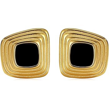 Chunky 18K Gold Plated Earrings Black Statement Earrings for Women Vintage Chunky Square Stud Tre... | Amazon (US)