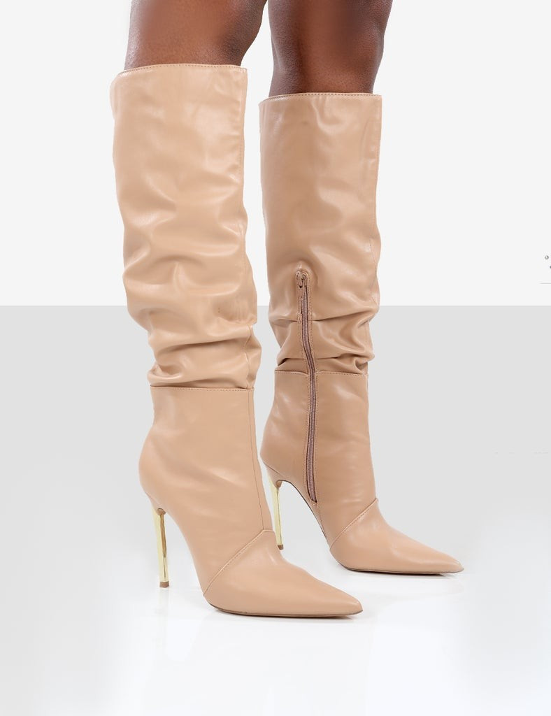 Monica Nude PU Pointed Toe Knee High Boots | Public Desire (US & CA)