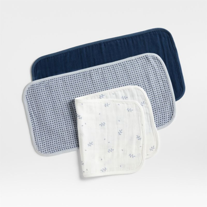 Mixed Print Coy Blue Organic Cotton Gauze Baby Burp Cloth, Set of 3 | Crate & Barrel