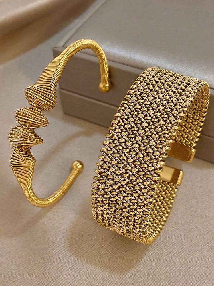 18K Gold Plated Stainless Steel Vintage Luxury Weave Mesh Bangle Bracelet Jewelry Set For Women, Daily Party Mother Day Valentine Vacation Season Music Festival Jewelry Gifts | SHEIN