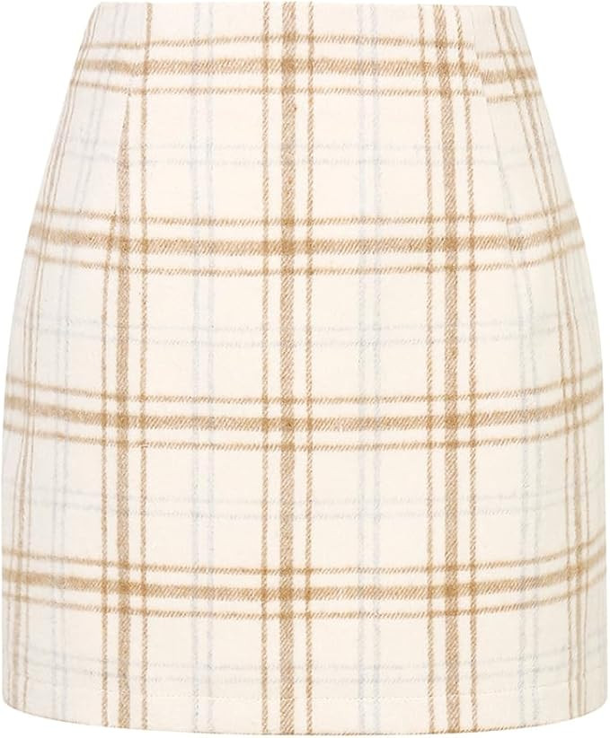 Kinghua Womens Wool Plaid Mini Skirt Fall Winter High Waisted Bodycon Pencil Skirt | Amazon (US)
