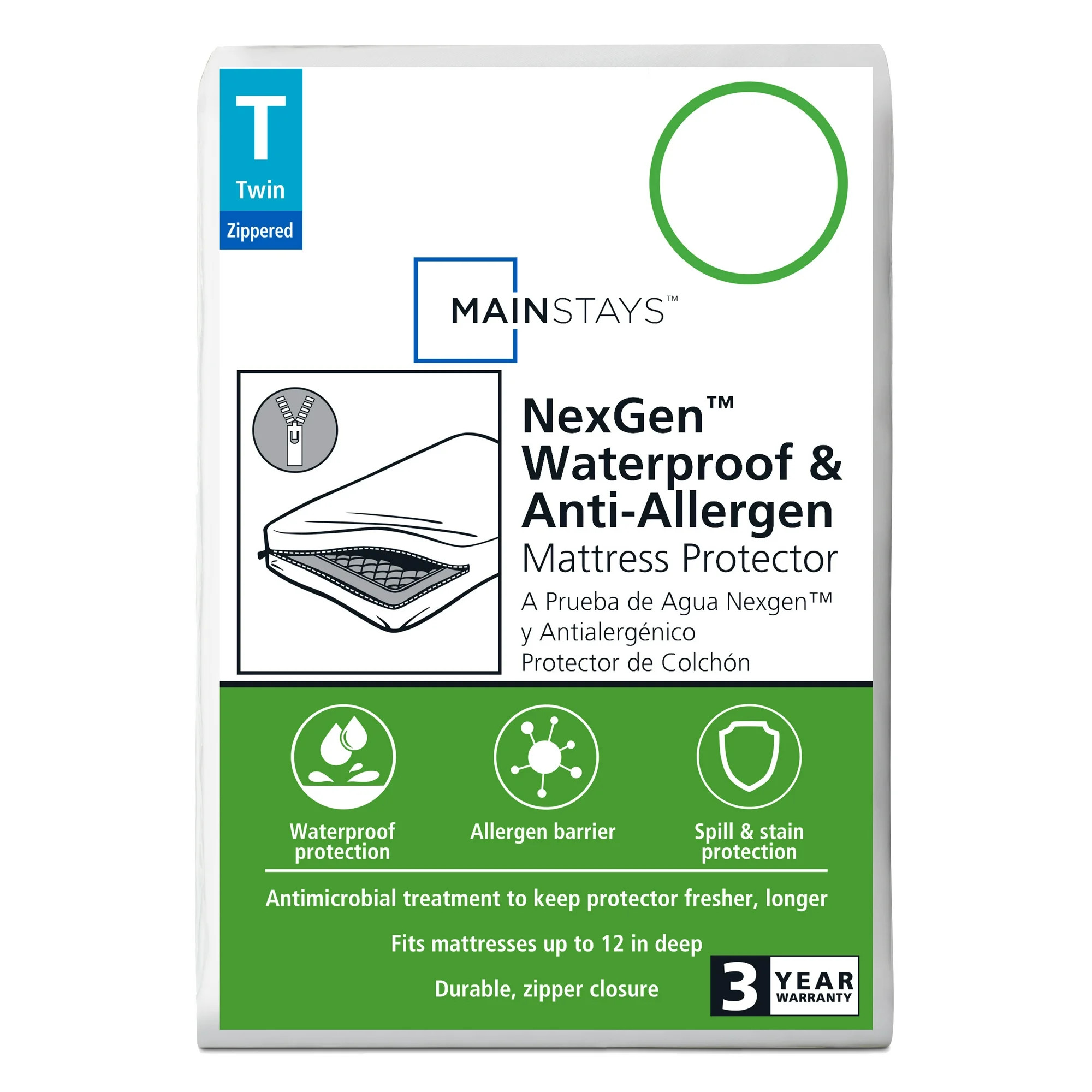 Mainstays NexGen Waterproof Anti-Allergen Zippered Mattress Protector, Twin | Walmart (US)