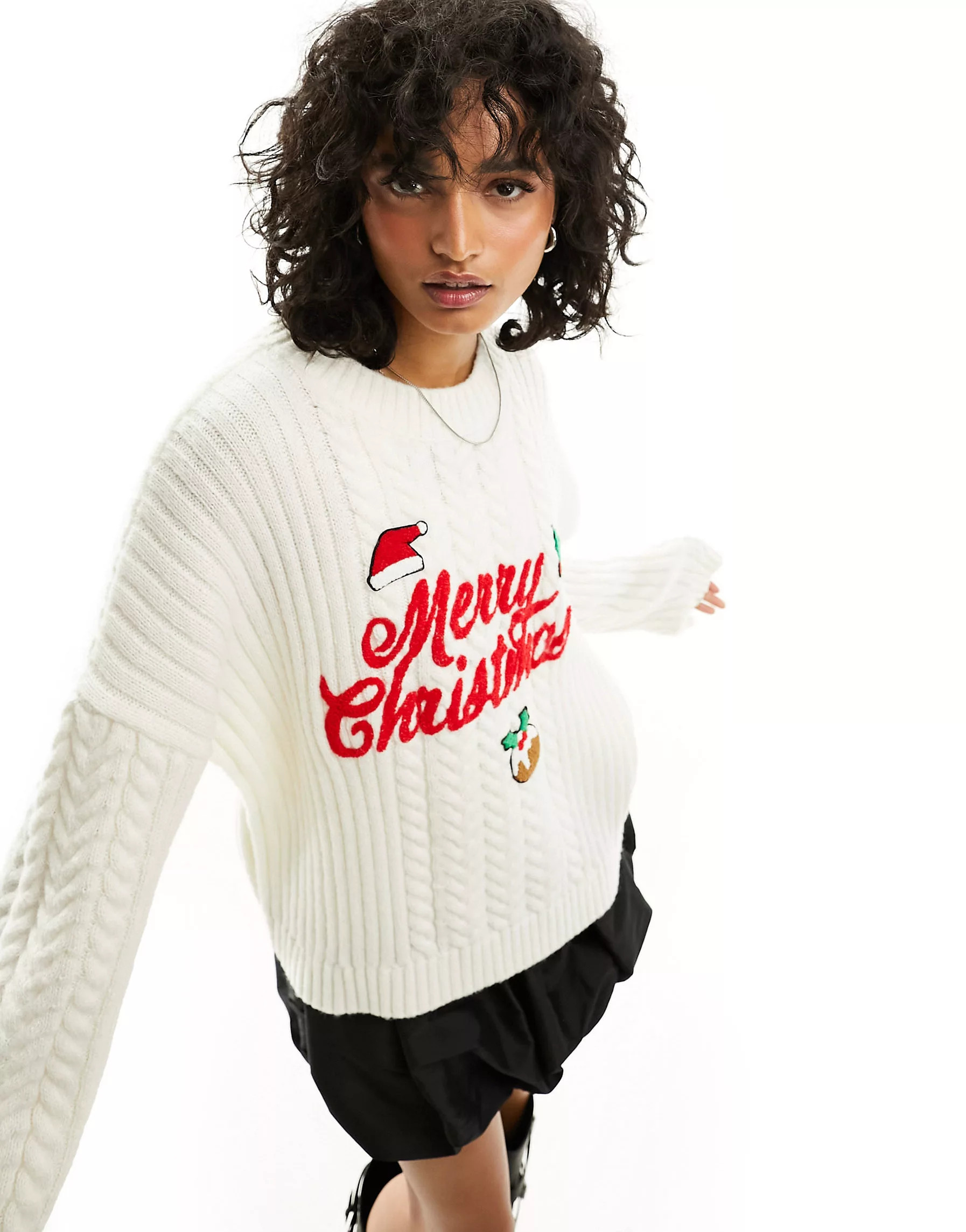 ASOS DESIGN Christmas sweater in cable knit with applique | ASOS (Global)