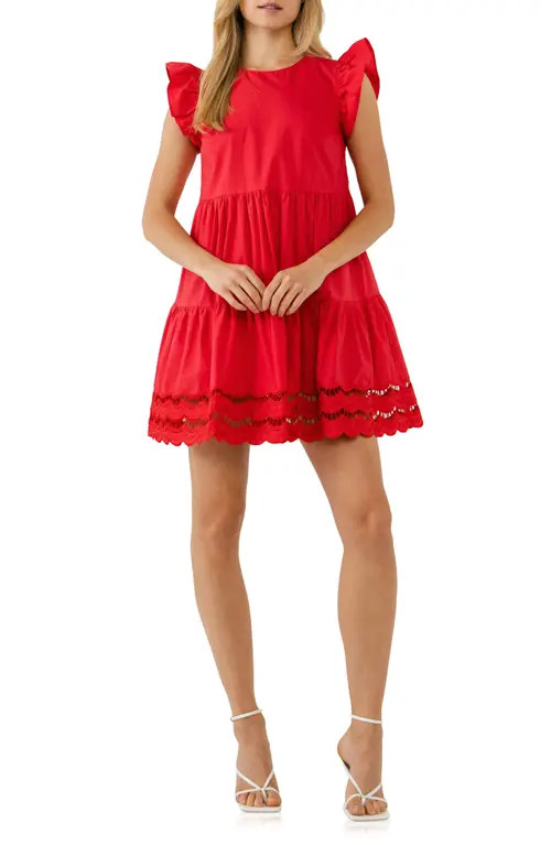 English Factory Scallop Hem Cotton Minidress in Red at Nordstrom, Size Medium | Nordstrom