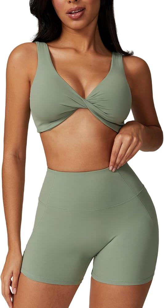 ABOCIW Workout Sets for Women Twist Front Cross Back Sports Bra High Waist Biker Shorts 2 Piece Y... | Amazon (US)