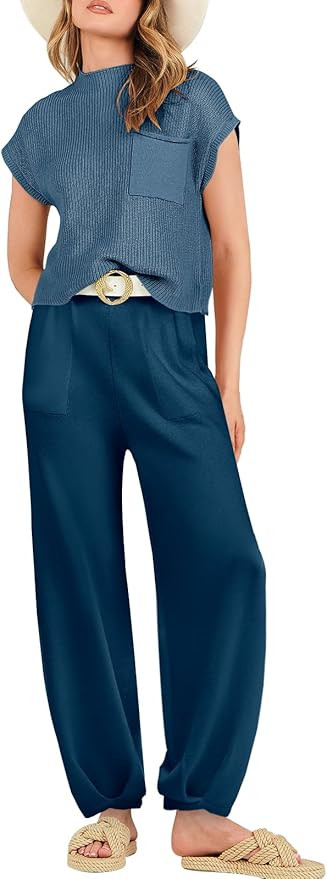 ANRABESS Women's Two Piece Outfits Sweater Sets Knit Pullover Tops and High Waisted Pants Tracksu... | Amazon (US)