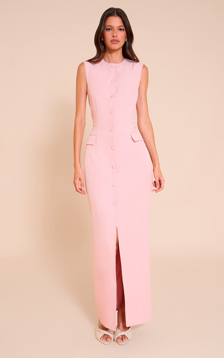 Light Pink Woven Button Maxi Dress | PrettyLittleThing US